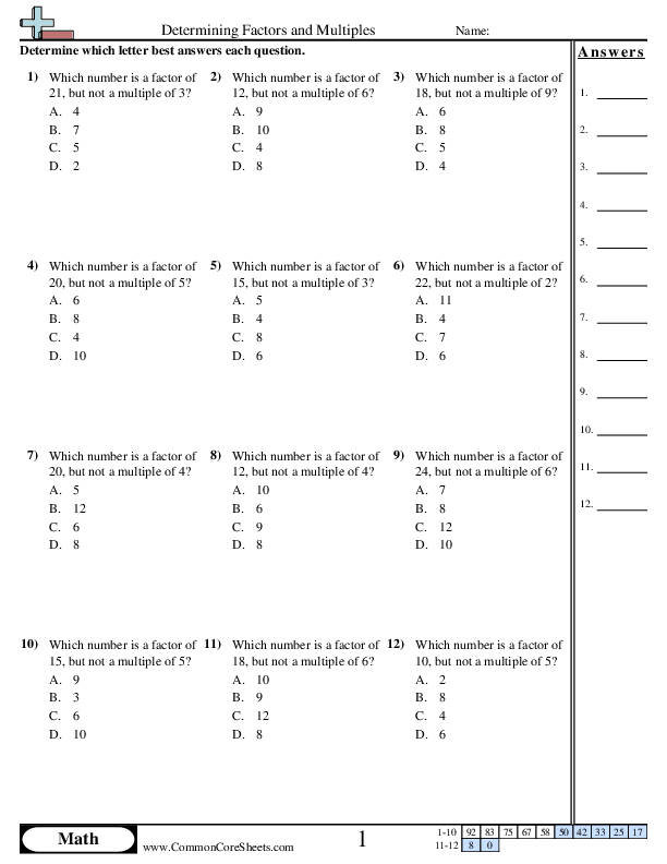 Determining Factors and Multiples worksheet